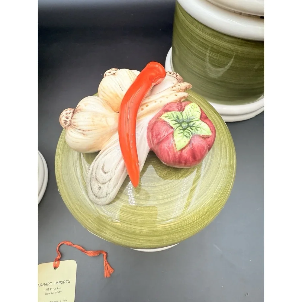 Vintage Set Of 4 Garden Harvest‎ Green Hand Painted Canister with Vegetables